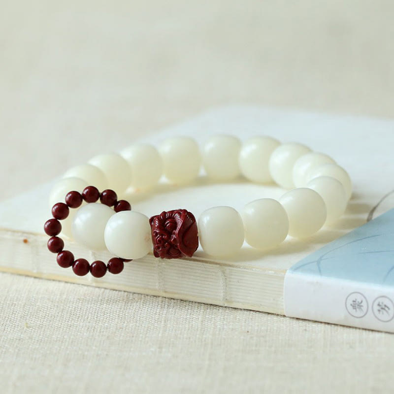 Wear FengShui Natural Bodhi Seed Cinnabar Dancing Lion Charm Wisdom Harmony Wrist Mala