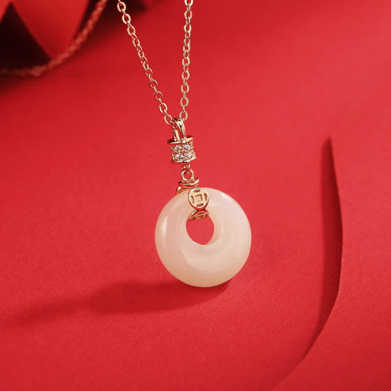 Wear FengShui 925 Sterling Silver Hetian White Jade Coin Flower Peace Buckle Luck Necklace Pendant