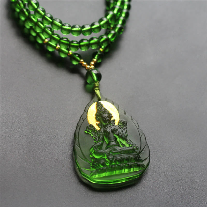 Wear FengShui Tibetan Green Tara Buddha Gold Plated Liuli Crystal Protection Necklace Pendant