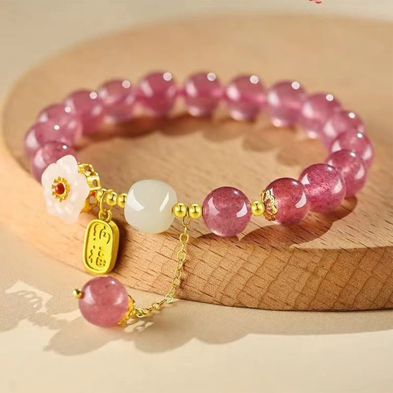 Wear FengShui Strawberry Quartz Fu Character Pink Crystal Healing Bracelet
