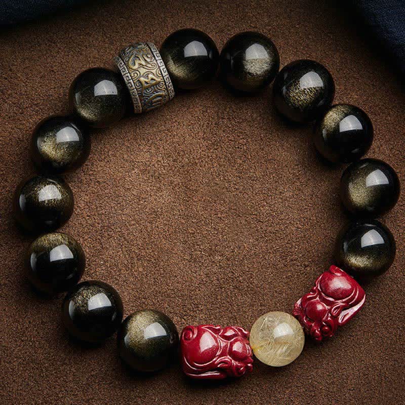 Wear FengShui Gold Sheen Obsidian PiXiu Cinnabar Om Mani Padme Hum Protection Bracelet