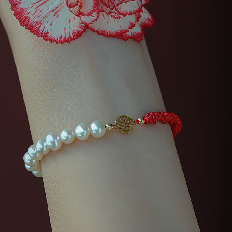 Wear FengShui 14K Gold Plated Pearl Bead Luck Protection Braid Red String Bracelet