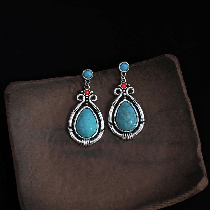 Wear FengShui Tibet Vintage Turquoise Waterdrop Strength Drop Dangle Earrings Clips