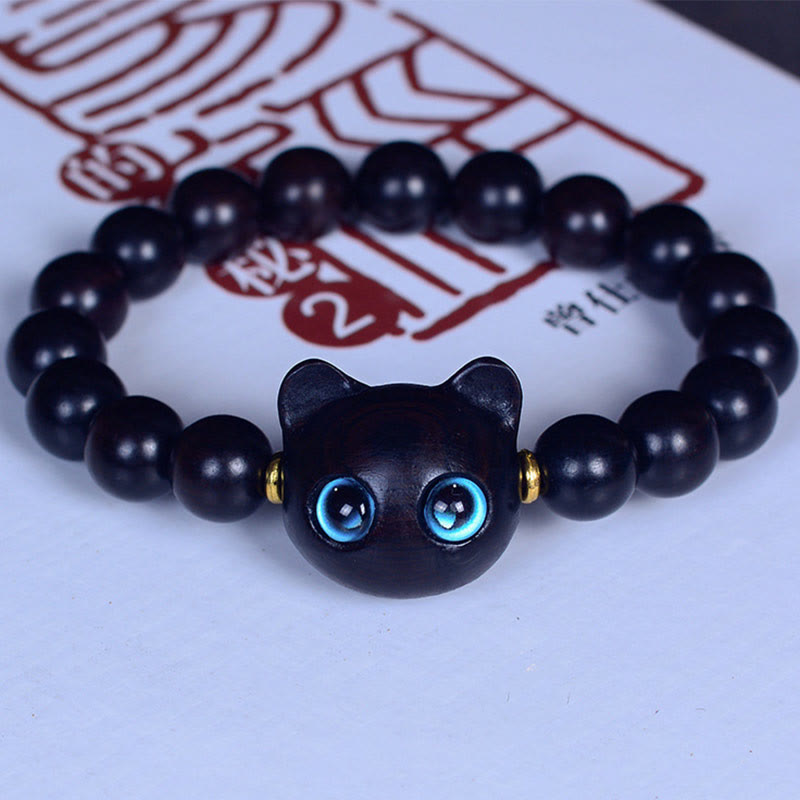 Wear FengShui Ebony Wood Liuli Glass Lovely Cat Peace Balance Bracelet