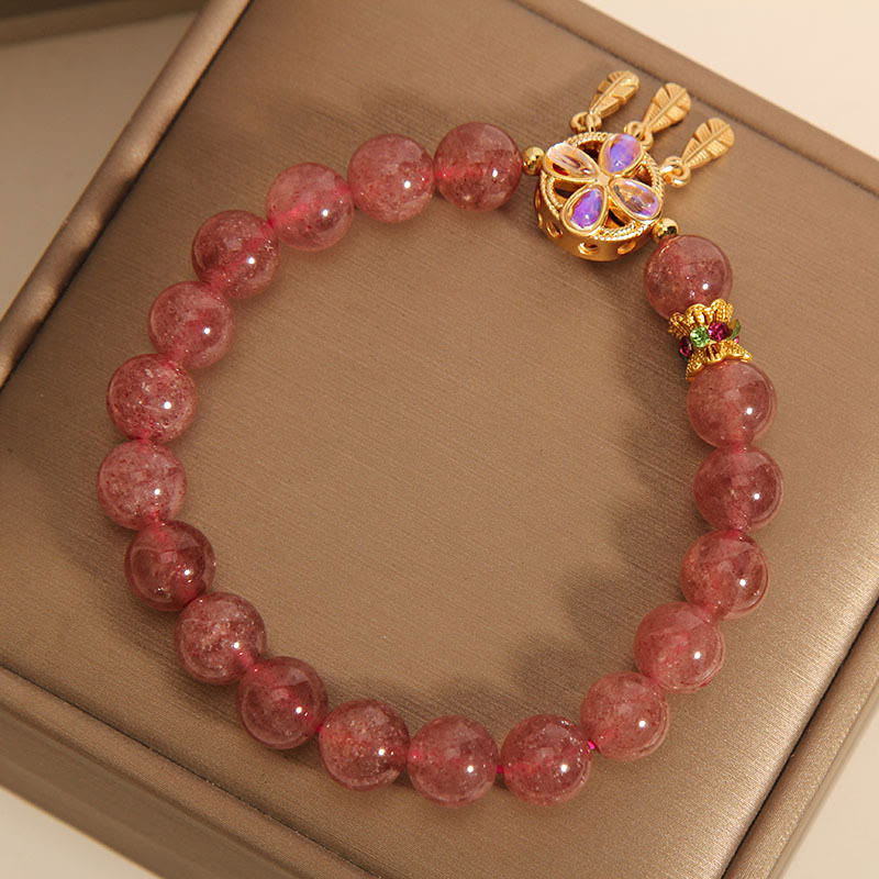 Wear FengShui Natural Strawberry Quartz Four Leaf Clover Dreamcatcher Charm Love Bracelet