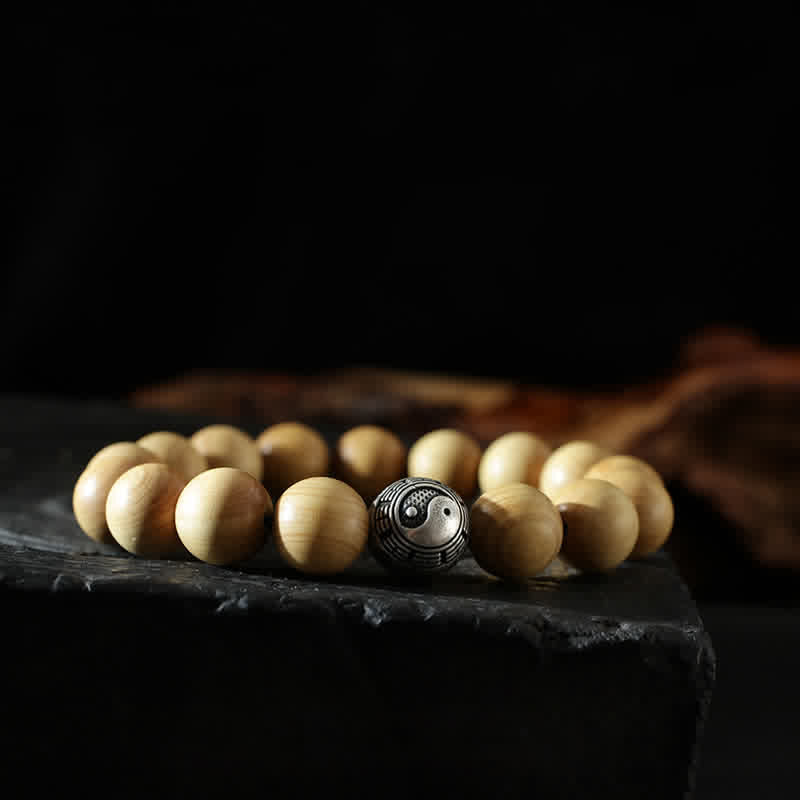 Wear FengShui Tibet Peach Wood Lotus Cinnabar Bagua Yin Yang Luck Wealth Bracelet