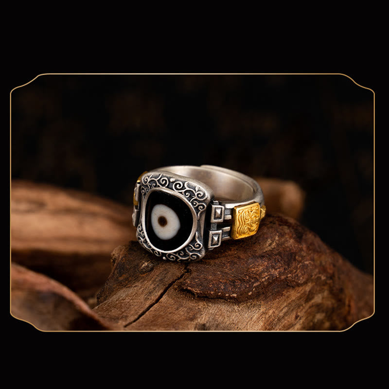 Wear FengShui 925 Sterling Silver Zakiram Goddess of Wealth Design Dzi Bead Protection Ring
