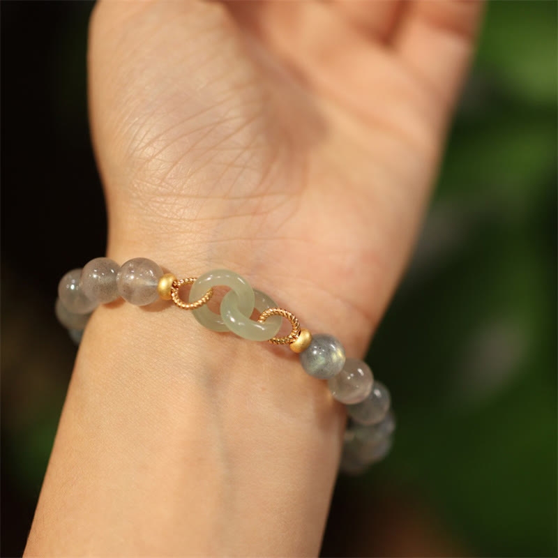 Wear FengShui Natural Moonstone Heitan Jade Peace Buckle Healing Bracelet