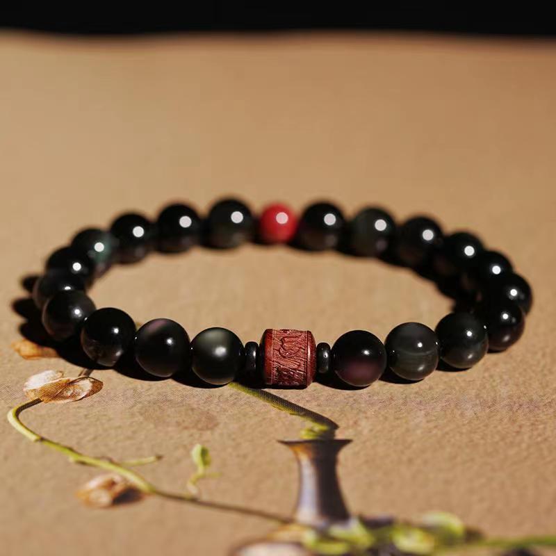 Wear FengShui Natural Gold Sheen Obsidian Rainbow Obsidian Om Mani Padme Hum Fu Character Healing Bracelet