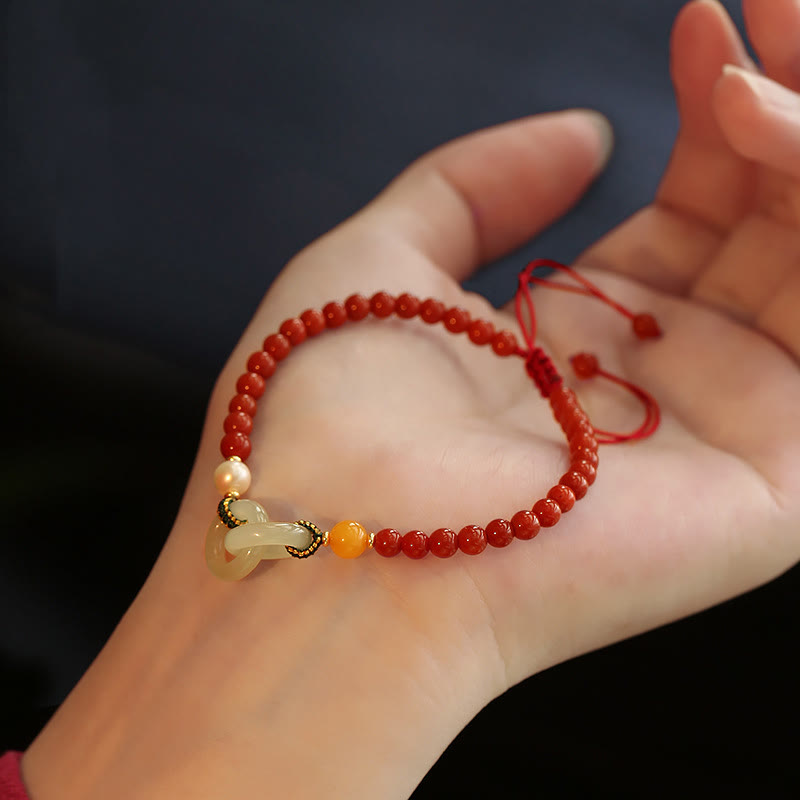 Wear FengShui Natural Red Agate Hetian Jade Double Peace Buckle Confidence Bracelet