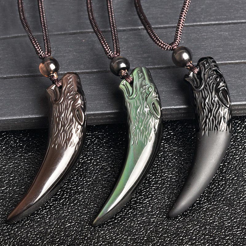 Wear FengShui Natural Black Obsidian Ice Obsidian Rainbow Obsidian Wolf Tooth Pattern Strength Necklace Pendant