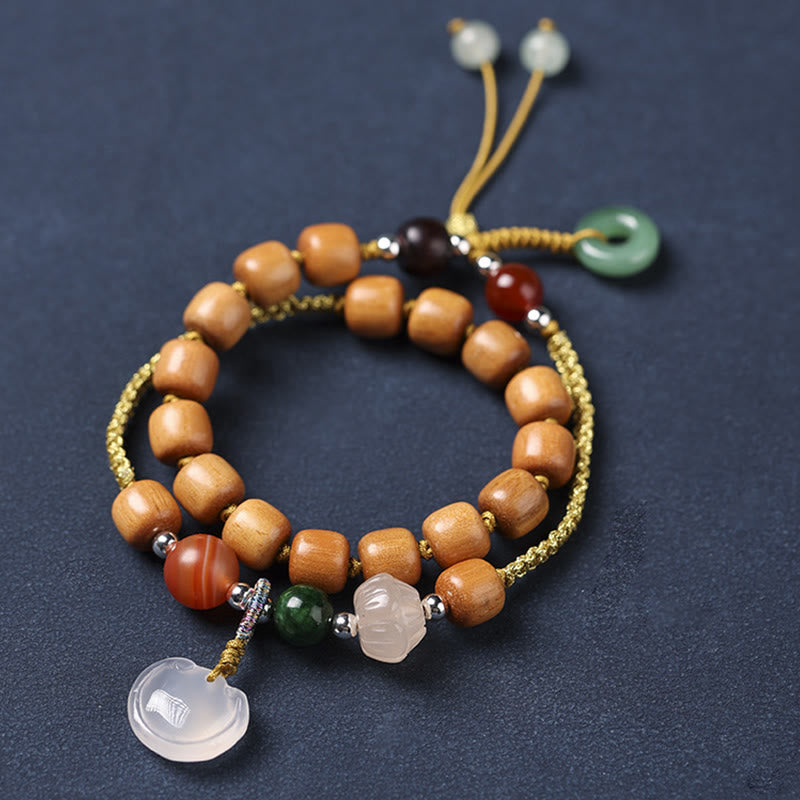 Wear FengShui Green Sandalwood Chalcedony Peace Buckle Charm Soothing Double Wrap Bracelet