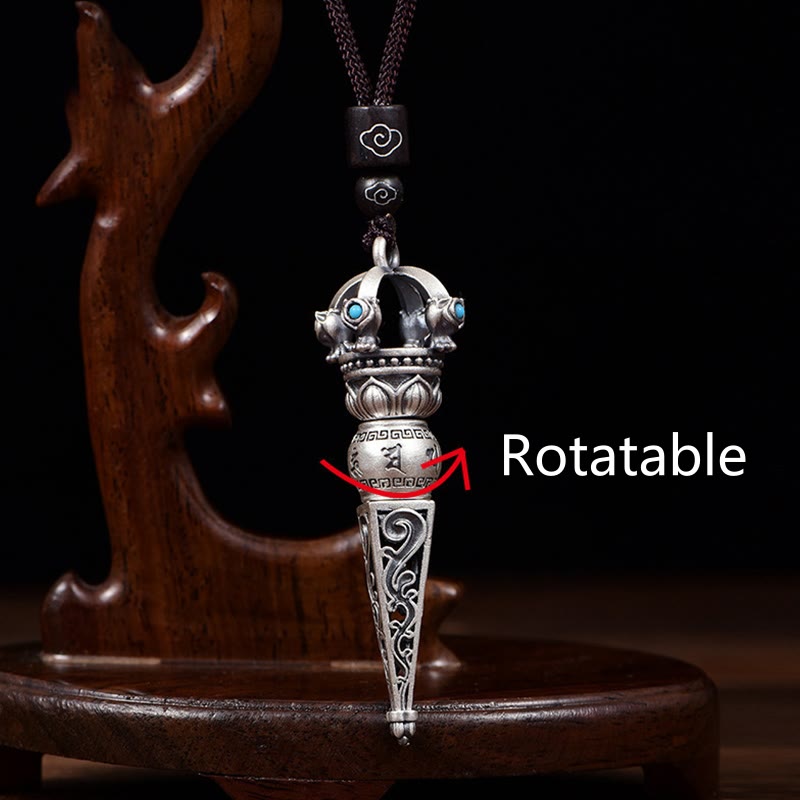 Wear FengShui Tibetan Om Mani Padme Hum Dorje Vajra Design Wisdom Rotatable Necklace Pendant