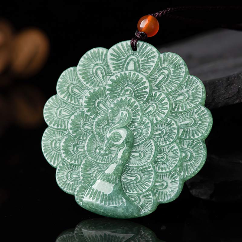 Wear FengShui Natural Jade Peacock Luck Prosperity Necklace Pendant