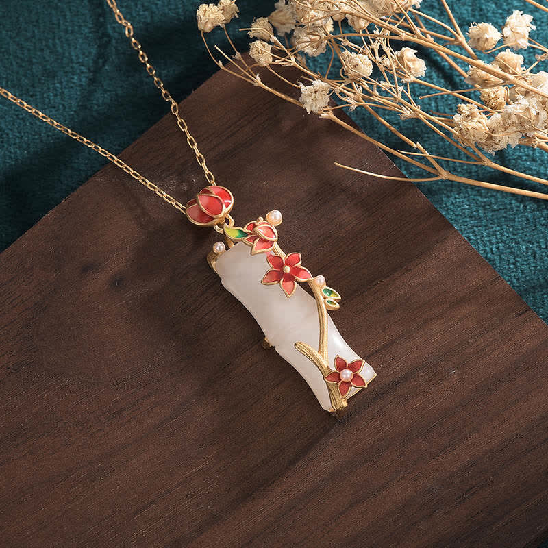 Wear FengShui White Jade Bamboo Lotus Flowers Luck Protection Necklace Pendant