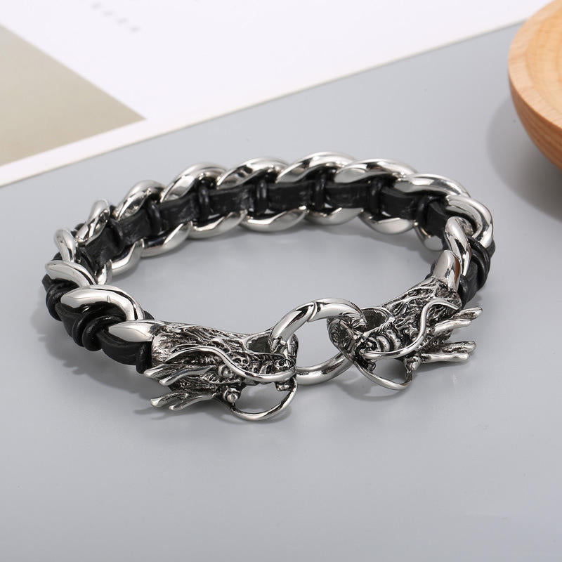 Wear FengShui Dragon Leather Titanium Steel Protection Luck Braided Bracelet