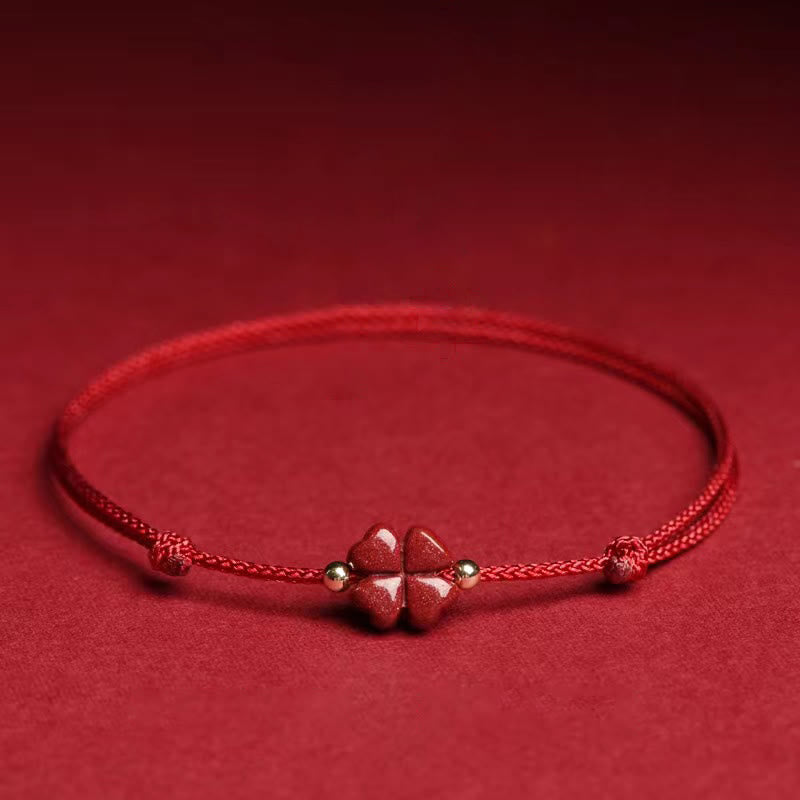 Wear FengShui Natural Cinnabar Four Leaf Clover Blessing Red String Bracelet Anklet