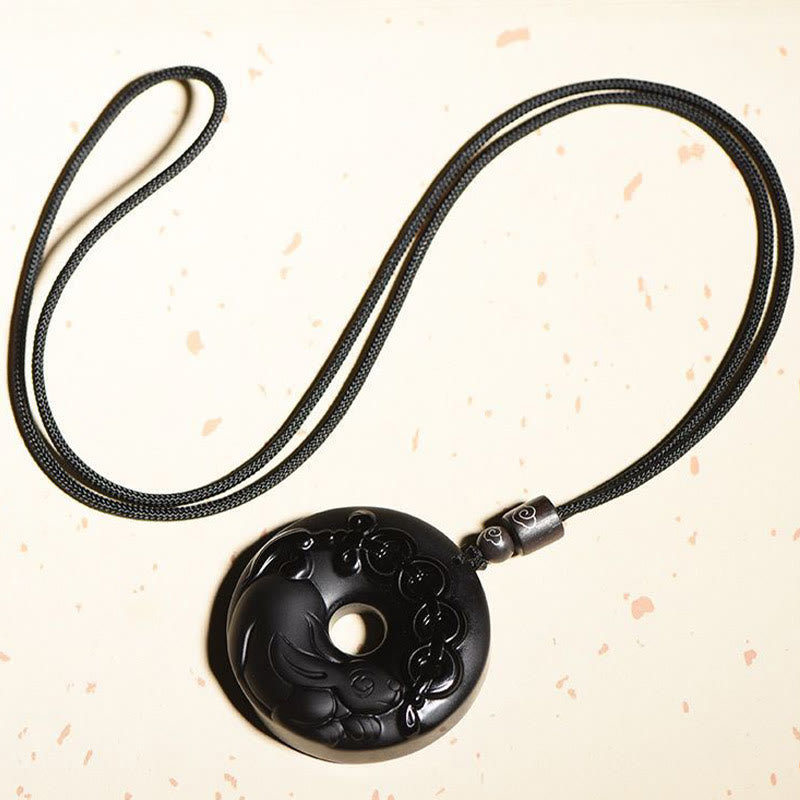 Wear FengShui Chinese Zodiac Natural Black Obsidian Peace Buckle Strength Necklace Pendant