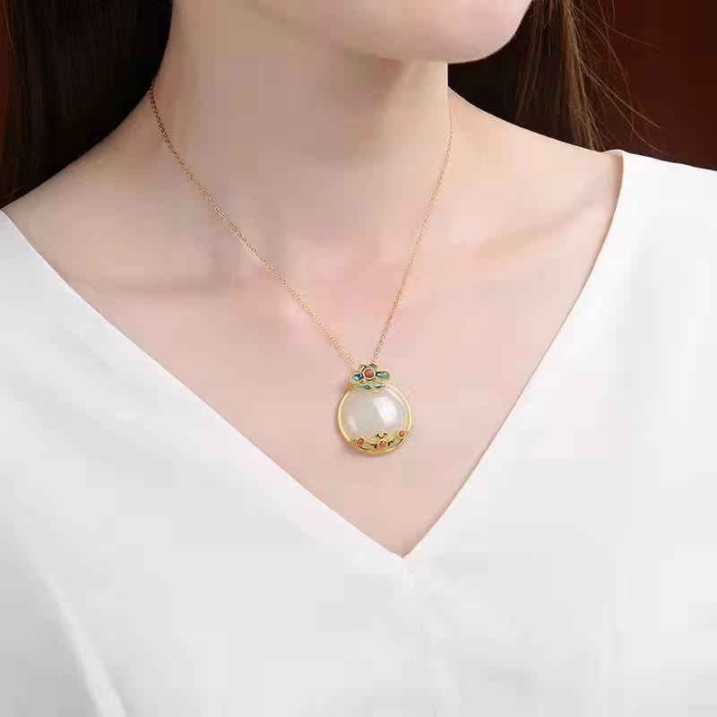 Wear FengShui White Jade Red Agate Flower Blessing Luck Necklace Pendant