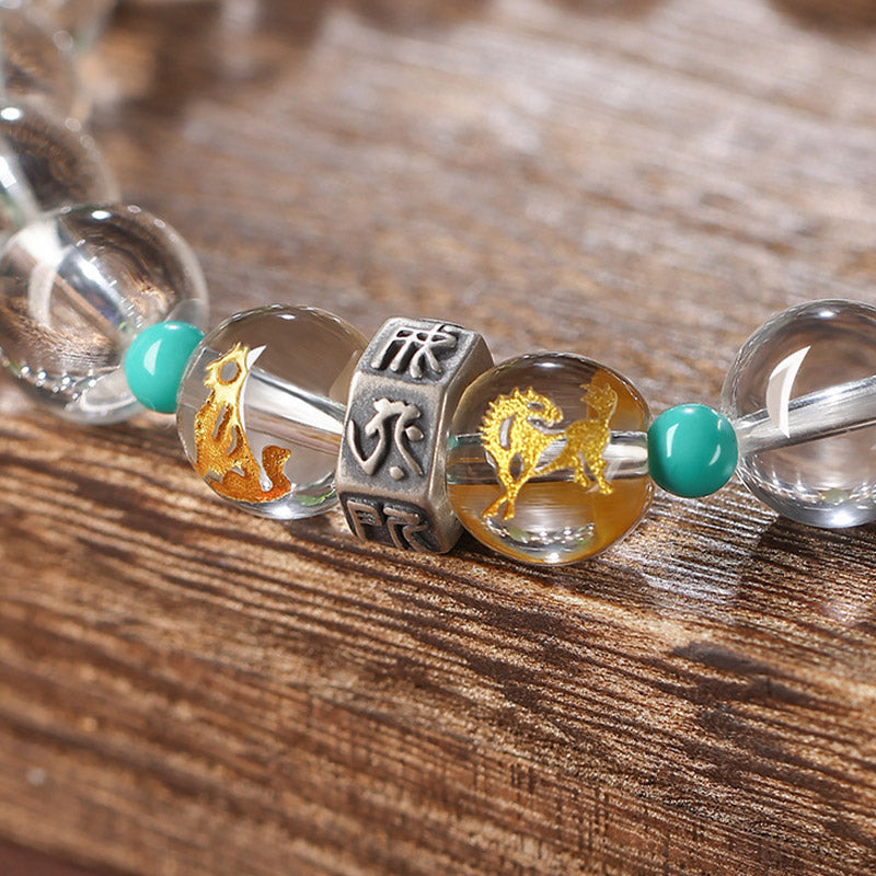 Wear FengShui 925 Sterling Silver Chinese Zodiac Natal Buddha Auspicious Groups White Crystal Hetian Jade Healing Bracelet