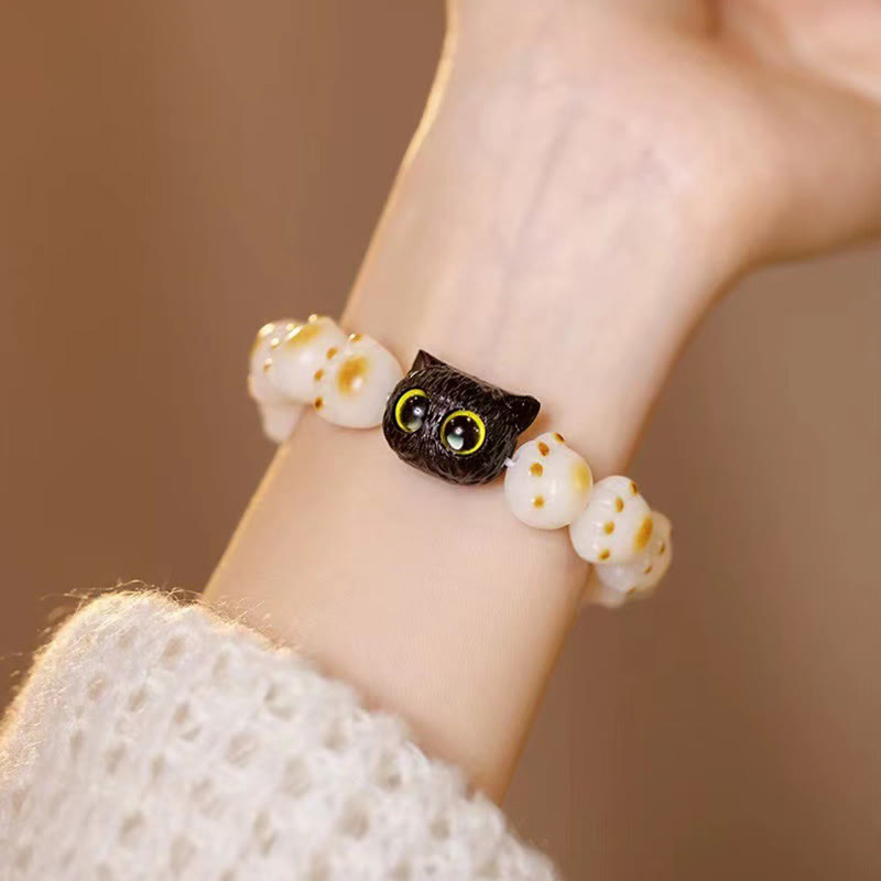 Wear FengShui Natural Bodhi Seed Red Sandalwood Lovely Paw Lucky Cat Peace Bracelet