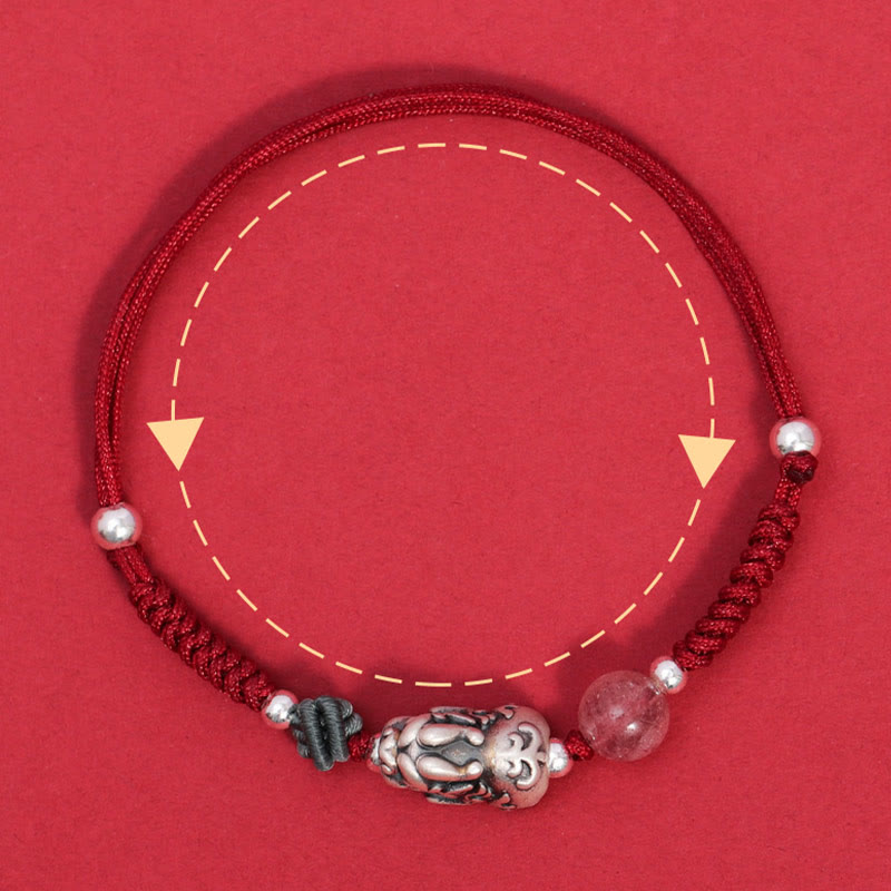 Wear FengShui 999 Sterling Silver PiXiu Strawberry Quartz Bead Wealth Luck Braided Bracelet