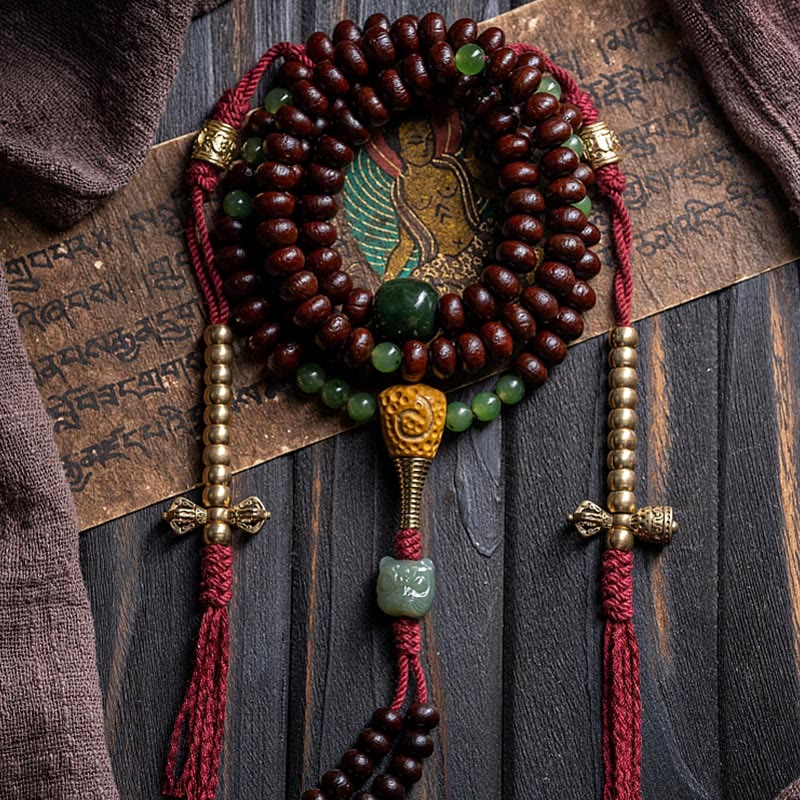 Wear FengShui Natural Tibet 108 Mala Beads Purple Bodhi Seed Hetian Cyan Jade Copper Dorje Peace Bracelet