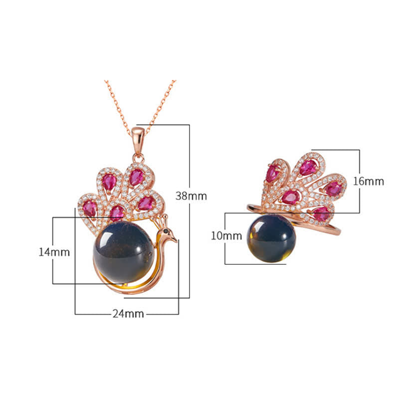 Wear FengShui Peacock Amber Fortune Love Necklace Pendant Ring