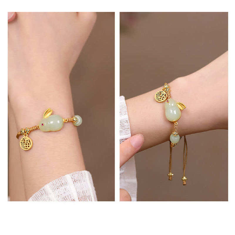 Wear FengShui Year of the Rabbit Hetian Jade Happiness Blessing Wealth String Bracelet