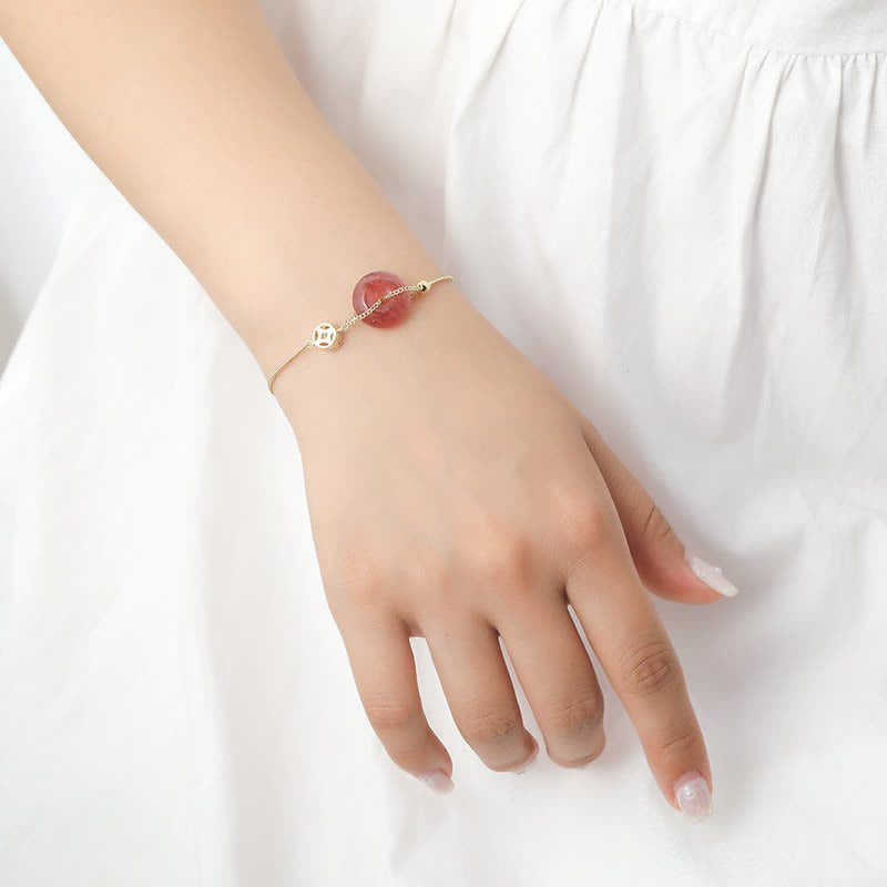 Wear FengShui Strawberry Quartz Peace Buckle Coin Love Bracelet