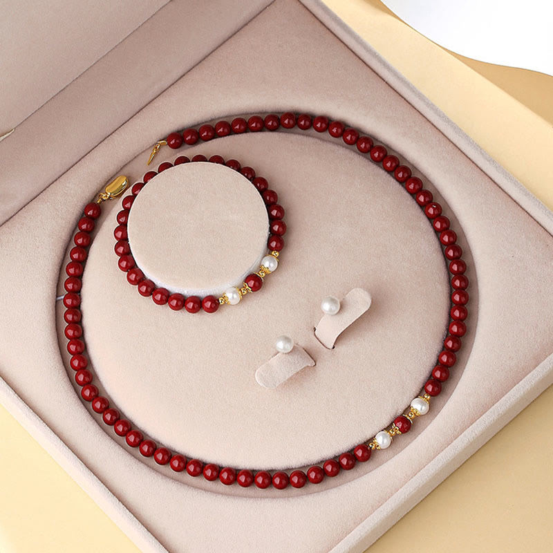 Wear FengShui 925 Sterling Silver Natural Cinnabar Pearl Blessing Necklace Pendant Bracelet Earrings Jewelry Set