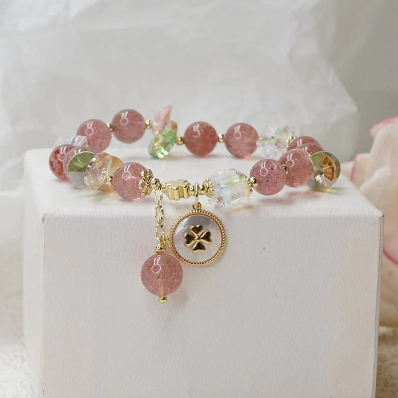 Wear FengShui Strawberry Quartz Lucky Four Leaf Clover Healing Charm Bracelet