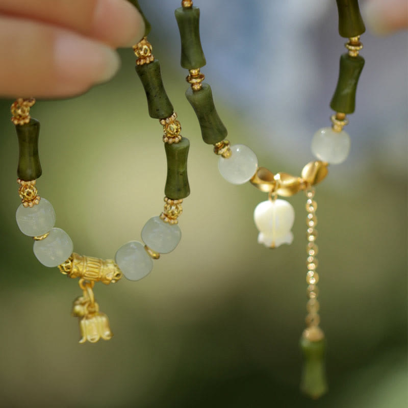 Wear FengShui Green Bamboo Jade Lily of the Valley Wealth Bracelet
