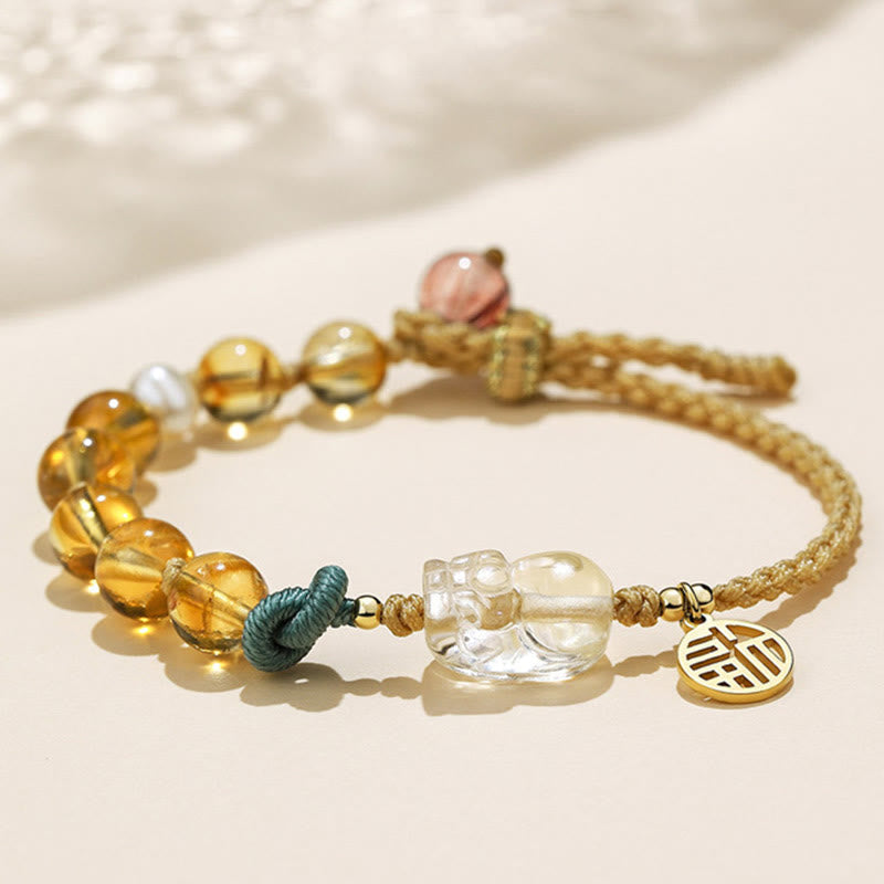 Wear FengShui Citrine PiXiu Fu Character Prosperity String Braided Bracelet
