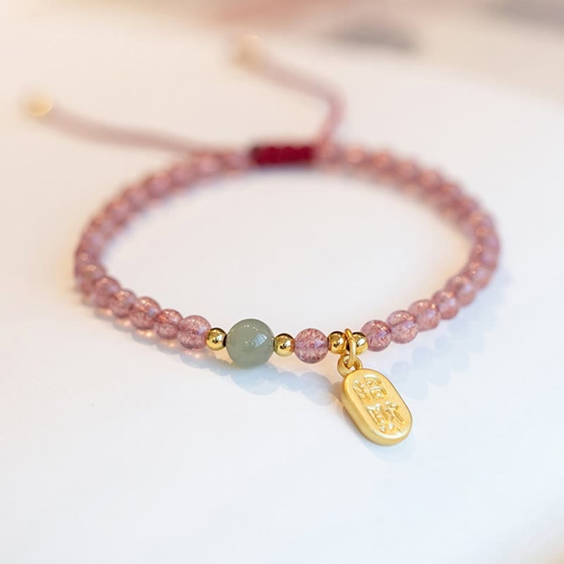 Wear FengShui Natural Strawberry Quartz Garnet Jade Lucky Fortune Fu Character Healing Charm Bracelet