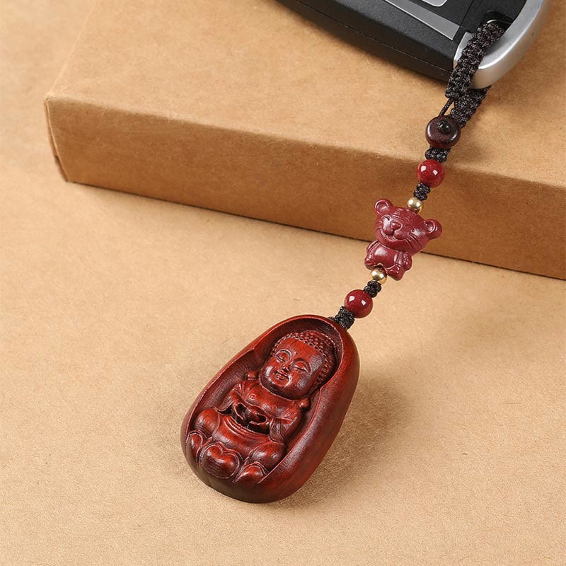 Wear FengShui Small Leaf Red Sandalwood Buddha Cinnabar Chinese Zodiac Amulet Protection Key Chain