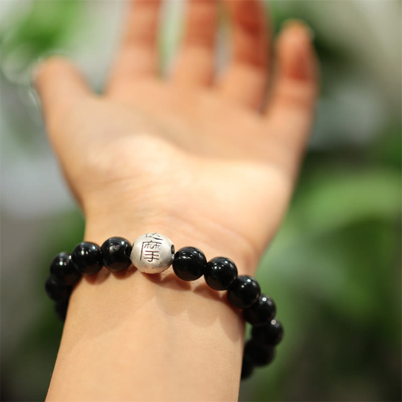Wear FengShui 925 Sterling Silver Black Onyx Bead Character Engraved Protection Bracelet