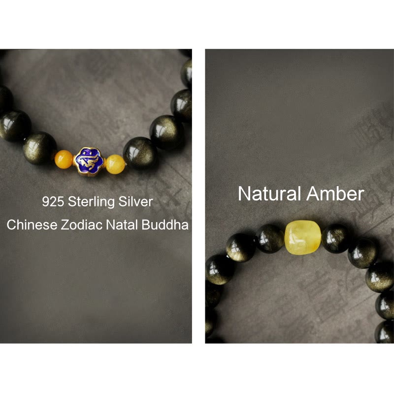 Wear FengShui 925 Sterling Silver Chinese Zodiac Natal Buddha Natural Gold Sheen Obsidian Amber Wealth Protection Bracelet