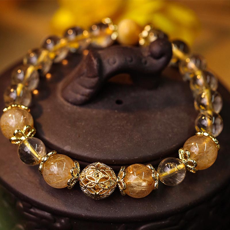 Wear FengShui Natural Citrine Amethyst Rutilated Quartz Prosperity Protection Bracelet