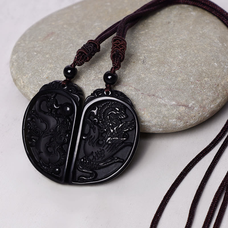Wear FengShui Black Obsidian Love Dragon Phoenix Protection Necklace Pendant