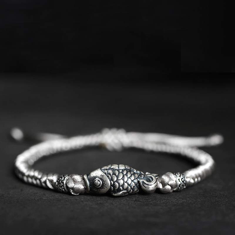 Wear FengShui Silver Luck Koi Fish Braided String Bracelet