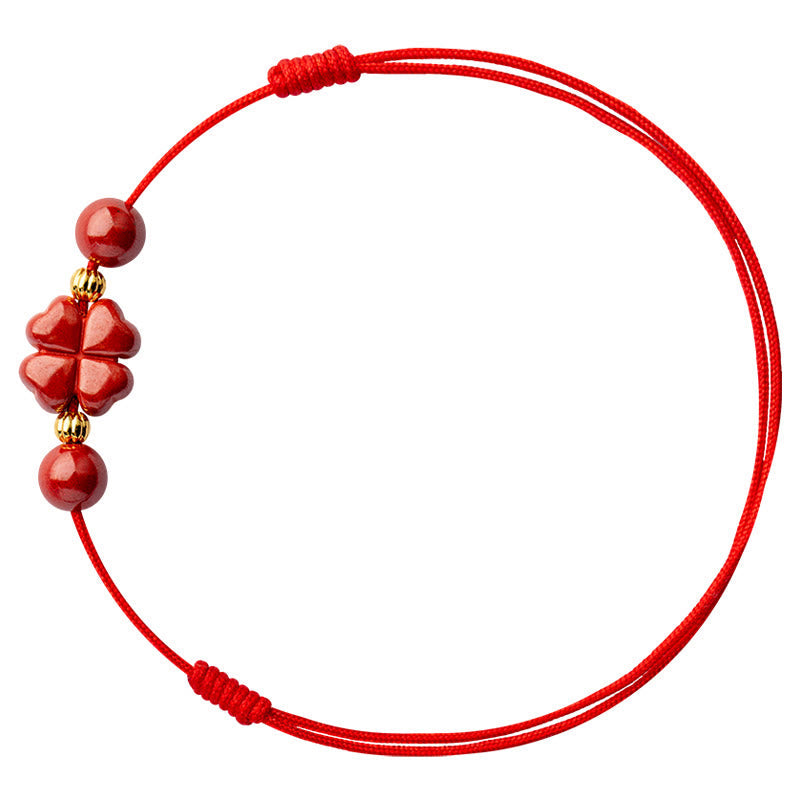 Wear FengShui Four Leaf Clover Cinnabar Blessing Calm String Bracelet Anklet