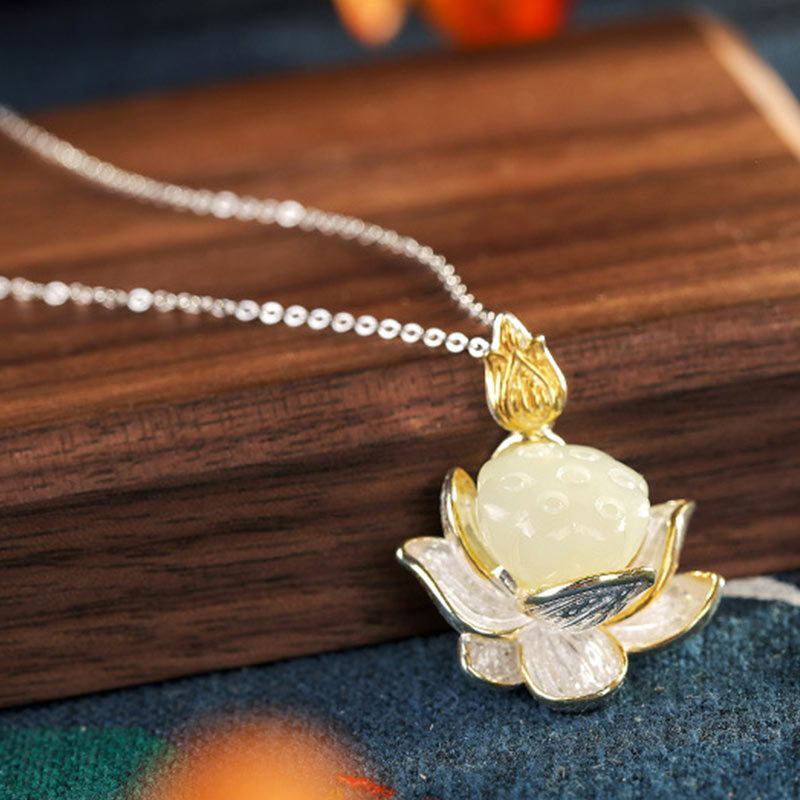 Wear FengShui White Jade Lotus Flower Happiness Necklace