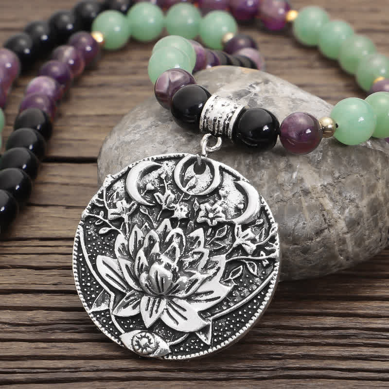 Wear FengShui 108 Mala Beads Amethyst Green Aventurine Lotus Meditation Bracelet
