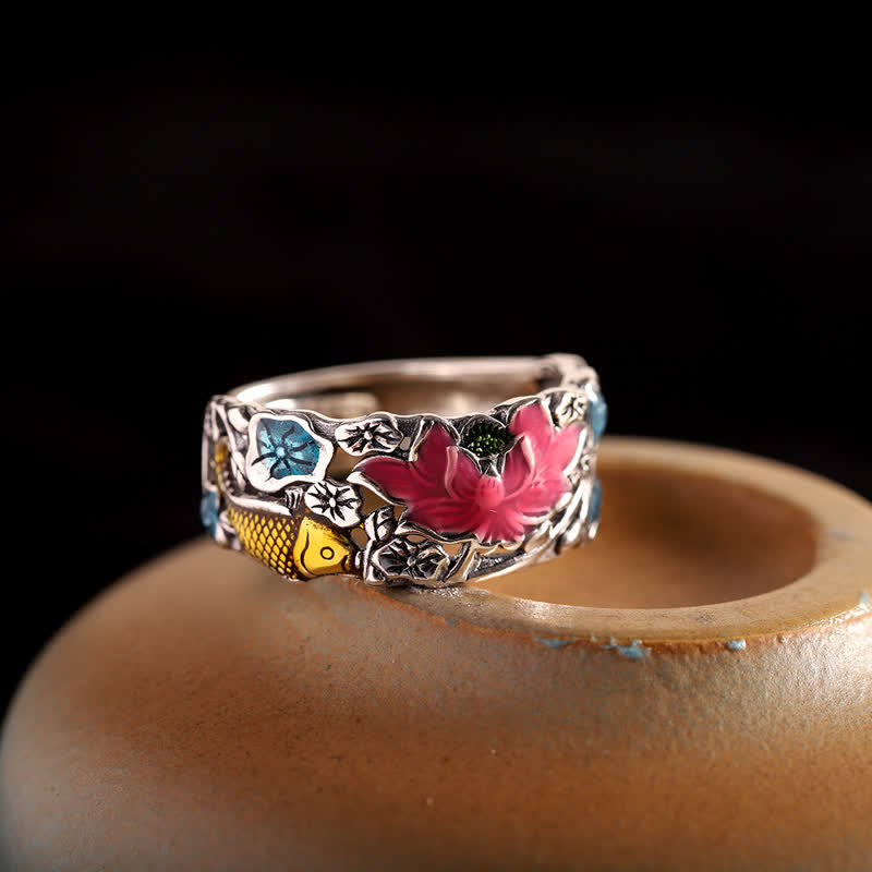 Wear FengShui 925 Sterling Silver Lotus Koi Fish Enlightenment Ring