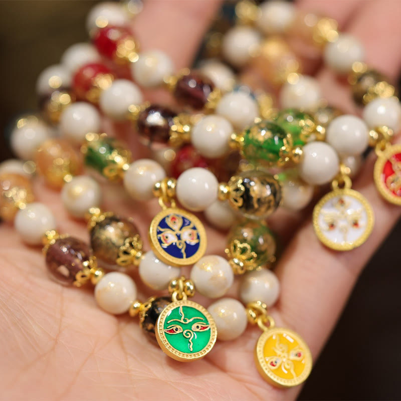 Wear FengShui Tibetan Five God Of Wealth Fortune Liuli Glass Bead Incense Ash Porcelain Bead Charm Bracelet
