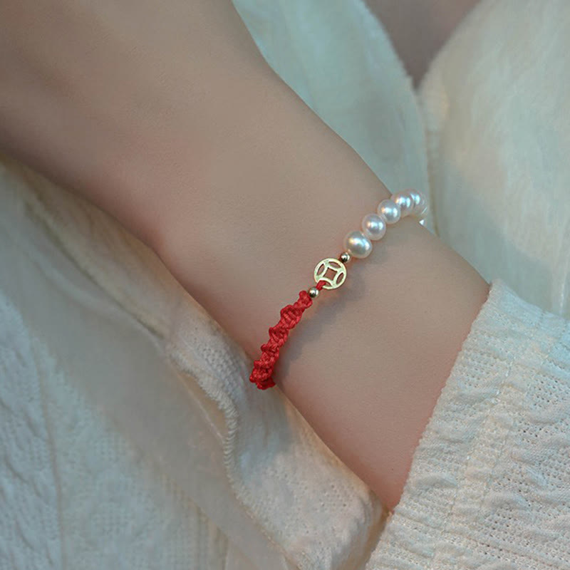 Wear FengShui 14K Gold Plated Pearl Bead Luck Protection Braid Red String Bracelet