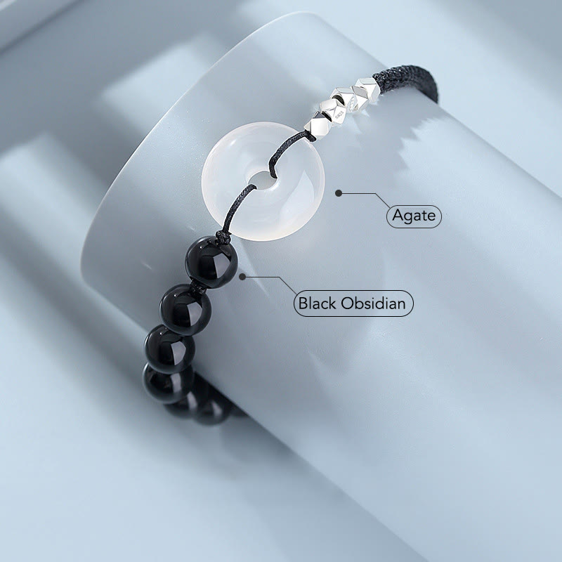 Wear FengShui 925 Sterling Silver Black Obsidian Agate Peace Buckle Strength Bracelet