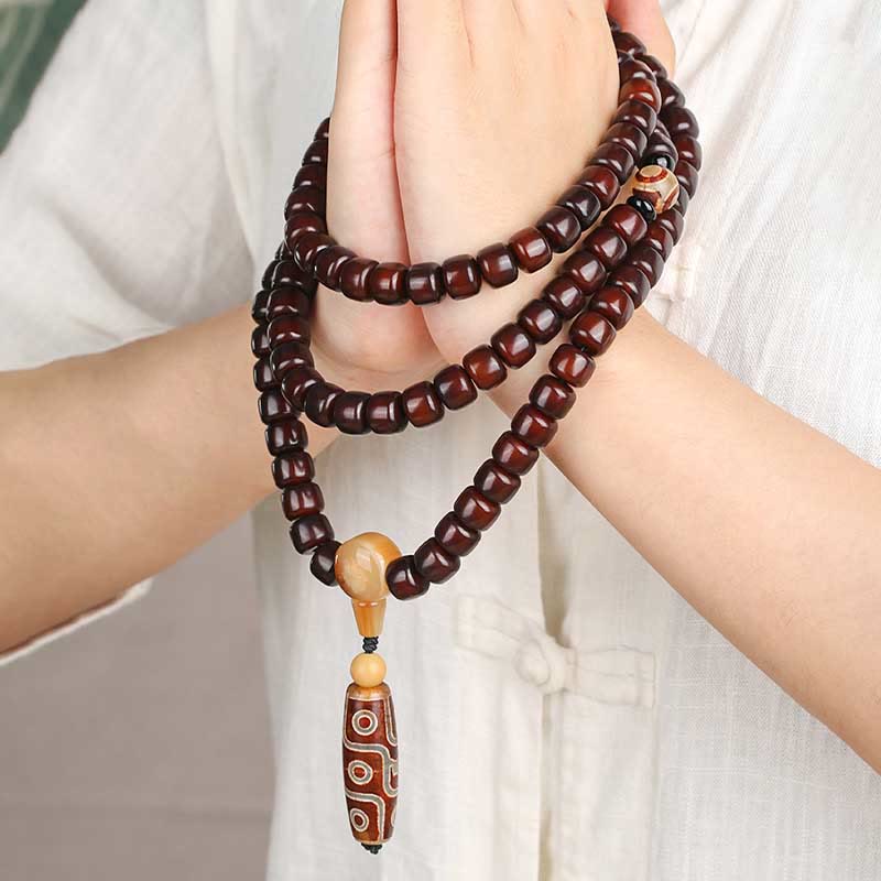Wear FengShui 108 Mala Beads Three-eyed Dzi Bead Nine-eye Dzi Bead Jade Luck Bracelet