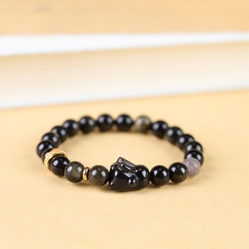Wear FengShui Gold Sheen Obsidian Black Obsidian Silver Sheen Obsidian Cute Rabbit Protection Bracelet